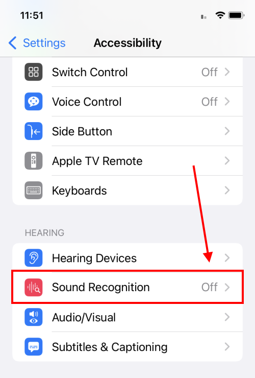 Scroll down to the Hearing section and tap Sound Recognition